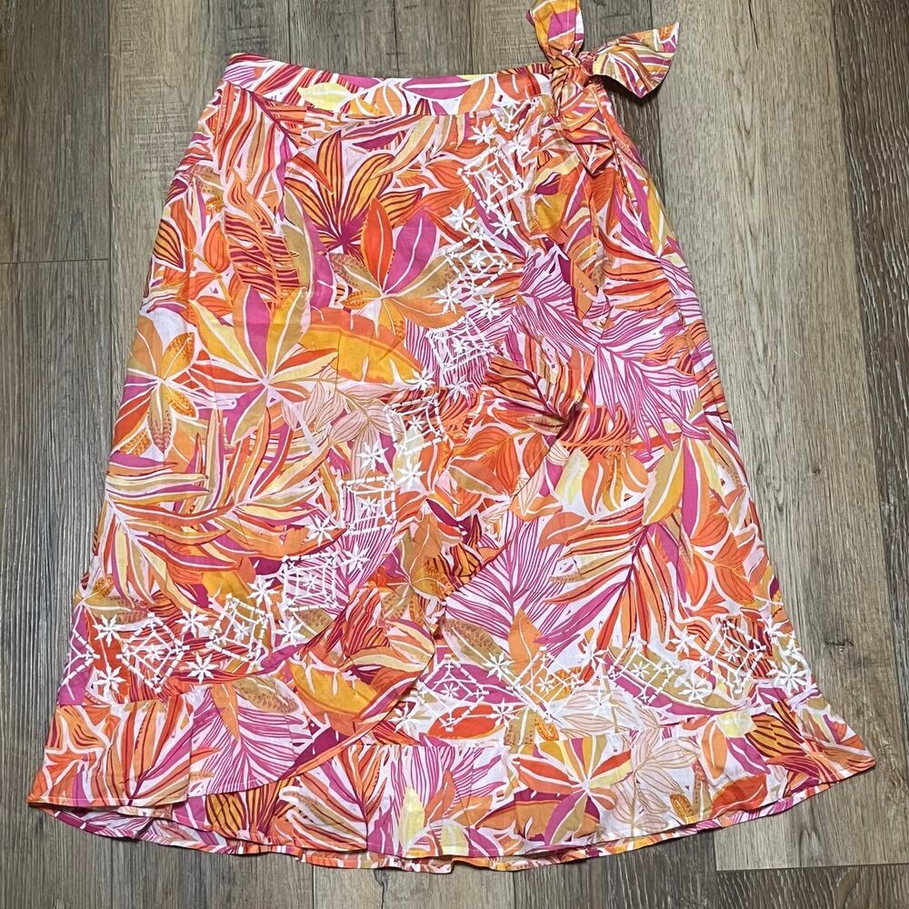 C&C California Faux Wrap Skirt Womens Medium Orange Pink Floral Cotton Beach EUC